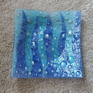 Square Blue Bubble Glass Centerpiece/Candle Holder